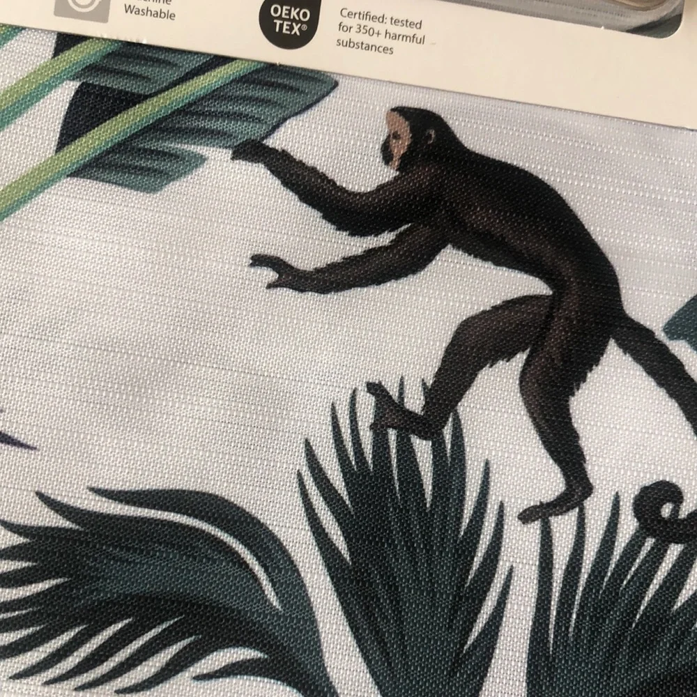 Jungle Creatures Tropical Shower Curtain Set - Monkey Palm Print, Green & White